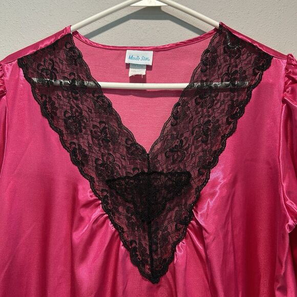 Vintage Y2K Womens Satin Nightgown Small Bright Pink Lace V Neck Long Line - Picture 2 of 11